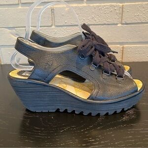 FLY London Leather Lace up Wedge Sandals Yifa Black EU 37 - US 6.5 Alt Goth